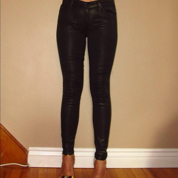 7 For All Mankind Skinny Low Rise Dark Green Coated Leather-look Jeans 24 25 new - Picture 4 of 9